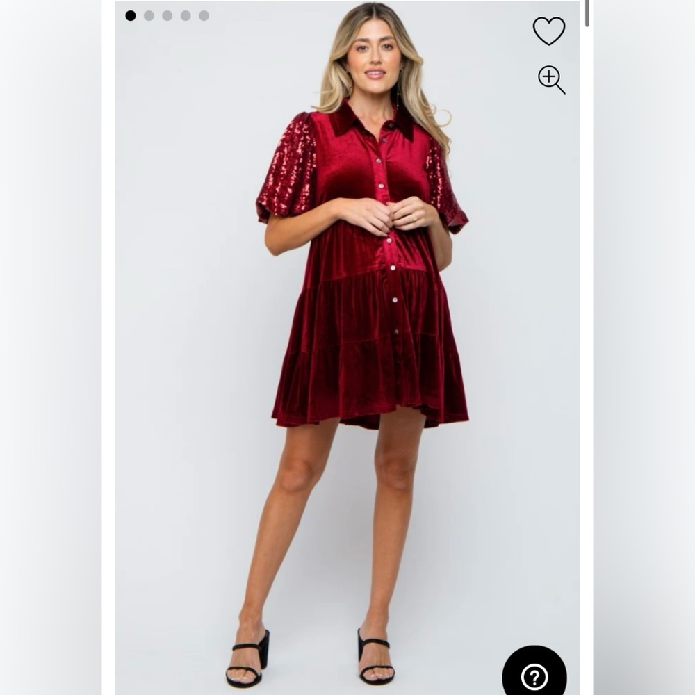 Burgundy Velvet Tiered Sequin Short Sleeve Maternity Dress